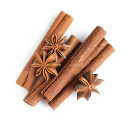 Cinnamon sticks and anise stars isolated on white, top view