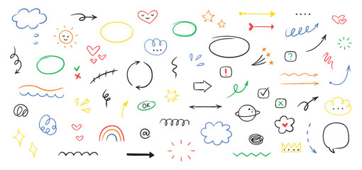 Hand drawn line simple elements, cloud, speech bubbles, underline, emphasis, star, arrow, hearts element. Doodle vector illustration.