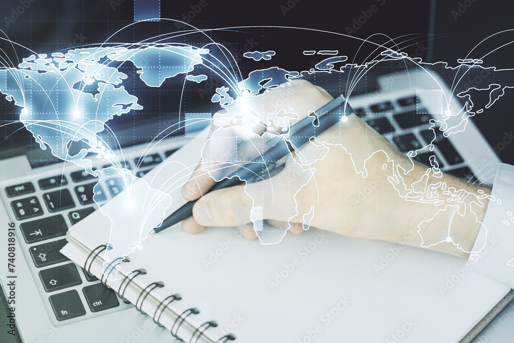 Poster abstract graphic digital world map with connections and hand writing in diary on background with lap