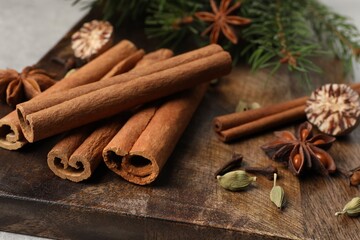 Different aromatic spices and fir branches on wooden board, closeup