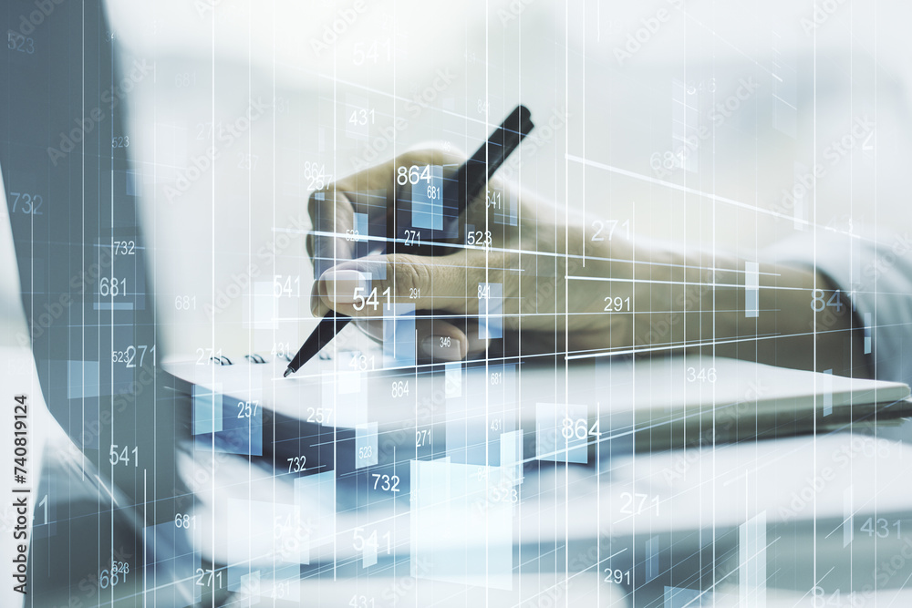 Poster multi exposure of stats data illustration with hand writing in notebook on background with laptop, c