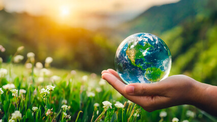 crystal earth in hands. green planet on hand. save of earth. environment concept for background web or world guardian organization. - obrazy, fototapety, plakaty