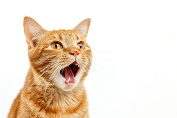 close up orange cat surprised with mouth open isolated on white background