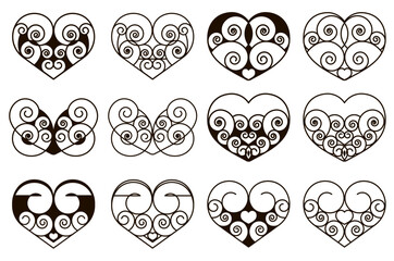 Hearts made of lines and swirls. Black and white geometric hearts. Vector heart forms. Individual elements on a white background. Design for wedding invitation, Valentine's Day or another occasion.