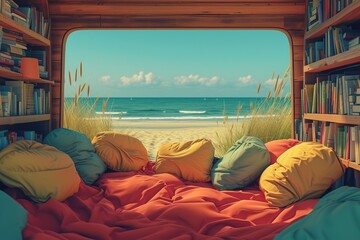 Beachside Book Nook: A cozy car filled with books and beanbags, creating a quiet haven for bibliophiles to relax and read on the beach. - obrazy, fototapety, plakaty