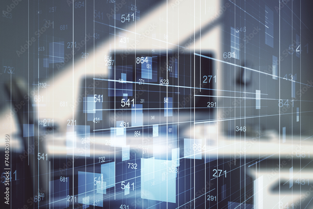 Poster double exposure of abstract creative statistics data hologram and modern desk with computer on backg