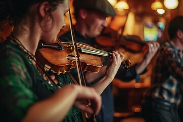 Musical Merriment:  traditional Irish instruments being played with passion. Capture the joyous energy of live music and traditional Irish dancing. - obrazy, fototapety, plakaty