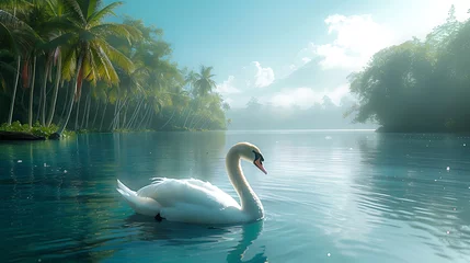 Küchenrückwand glas motiv a swan in calm water with a tropical background © growth.ai