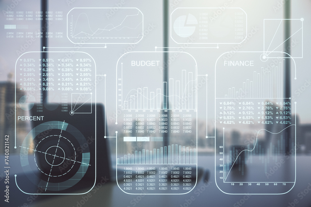 Poster multi exposure of abstract graphic data spreadsheet sketch and modern desktop with pc on background,