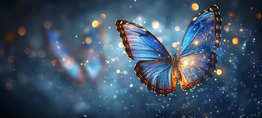 A radiant blue butterfly against a backdrop of starry space dust.