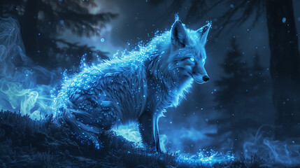 A luminous blue wolf stands in an enchanted nighttime forest.