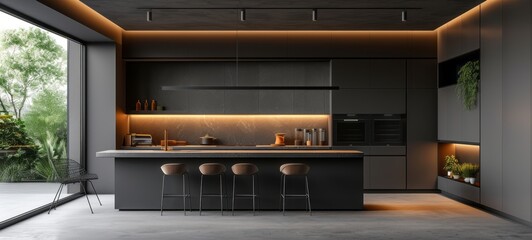 Modern kitchen with integrated appliances and elegant black fronts.