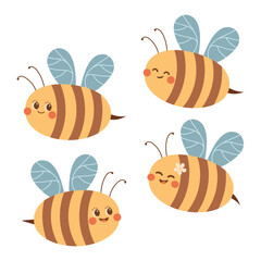 Set of cute bees. Bee fly. Vector illustration of doodle bee in flat style.