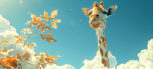 A giraffe reaching for stars amidst dreamy, surreal clouds.