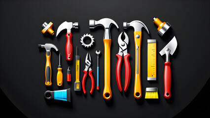 renovation tools isolated on a black background. icon symbol set of construction tools on a black background
