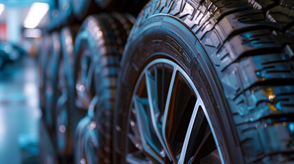 close up of a car wheel in auto repair shop