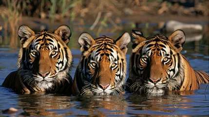 Fototapeten Trio of Tigers Cooling Off in Water. Three majestic tigers immerse themselves in water, their intense gazes captured in stunning detail, highlighting the beauty of these endangered creatures. © auc