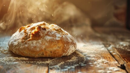Sunlit Artisan Sourdough Bread on Wooden Surface. A loaf of artisan sourdough bread casting a warm glow on a rustic wooden surface, surrounded by rising steam.