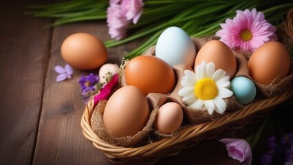 chicken eggs in a wicker basket on a background of flowers