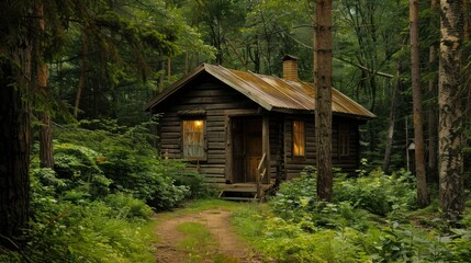 Rustic Log Cabin in Lush Green Forest. An old-fashioned log cabin nestled in a lush green forest, offering a timeless escape into the serenity of the wilderness.