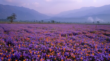 Vibrant Saffron Fields at Dusk in Countryside. The countryside is aglow with the vibrant purple and orange hues of saffron flowers at dusk, under a hazy mountain backdrop.