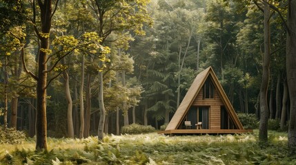 Modern A-Frame Cabin in Serene Forest. A modern A-frame cabin stands in a serene forest clearing, blending contemporary design with the timeless beauty of nature.