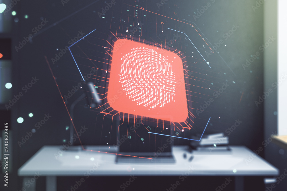 Poster abstract creative fingerprint illustration and modern desktop with pc on background, personal biomet