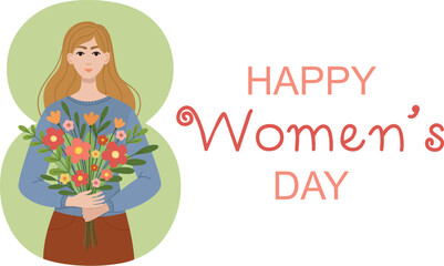 Vector illustration of a beautiful girl with bouquet of flowers. International women's day concept in flat style