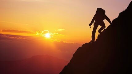 Silhouette of Climber on Mountain at Sunset. A lone climber ascends a steep mountain, silhouetted against the vibrant colors of the sunset sky.