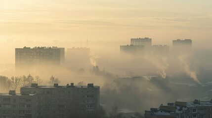Fototapeta premium Foggy Morning Over Urban Apartment Blocks. Early morning fog blankets an urban landscape, with apartment blocks partially obscured by the misty conditions.