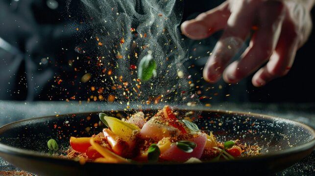 Dynamic Plating of Gourmet Cuisine with Spices. A dynamic and action-packed moment captured as spices are sprinkled over a gourmet dish, highlighting the vibrant colors and textures of the cuisine.