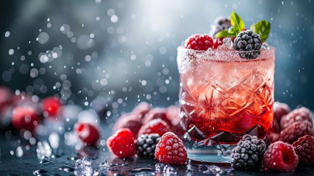 Refreshing Summer Berry Cocktail with Sparkling Bokeh Background.