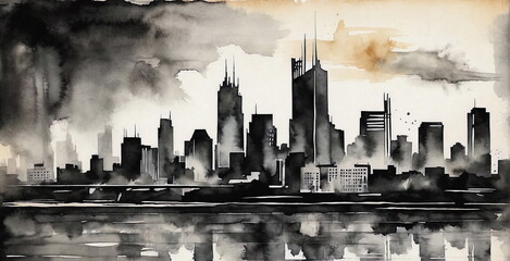 Abstract watercolor cityscape black and white art. painted background. Vintage style, Banner