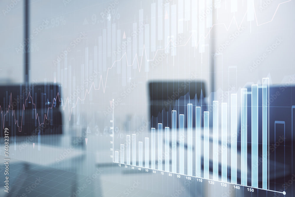 Poster abstract creative financial graph and modern desktop with pc on background, financial and trading co