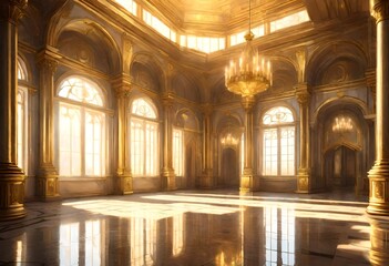 A realistic fantasy interior of the royal palace. golden palace. castle interior. Fiction Backdrop. concept art. Generative AI