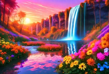 Nature Scene Colorful Waterfall and Flowers at Sunset. Generative AI