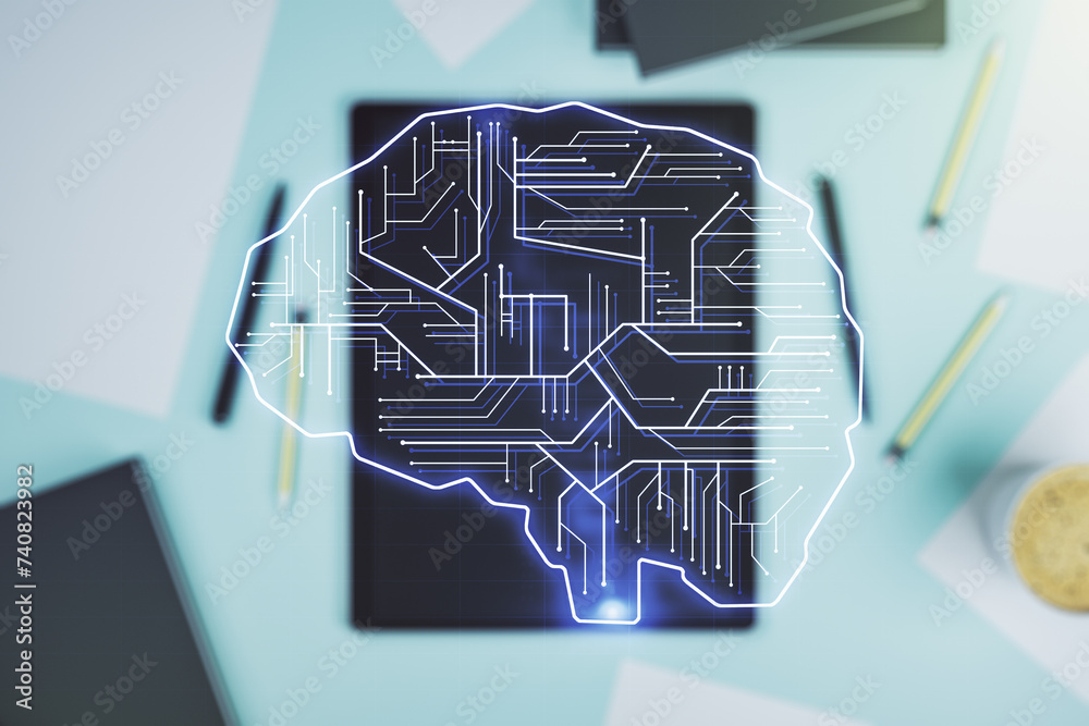 Aufkleber creative artificial intelligence concept with human brain hologram and modern digital tablet on back