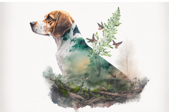 Double exposure bagle dog portrait, purebreed hound illustration, hunting dog in a forest,   on white background, generative AI