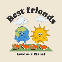 Cute cartoon characters print: Earth and sun. Vector illustration in trendy retro style of the 60s-70s