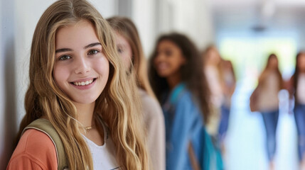 Portrait of smiling female college student standing in corridor at university .