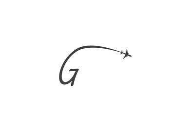 G tourism company logotype concept. Alphabet navigate g sign with airlines and jet plane, lowcost flight or logistic brand, global travel lowcoster logo idea. Isolated abstract graphic design template