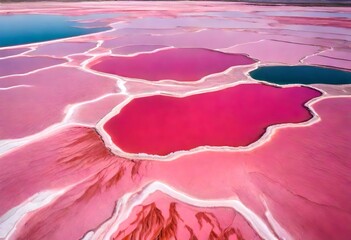 Aerial view of Pink lake, incredible natural landscape. The salt lake turned pink. Vivid red Salt deposits on the shores of the beautiful pink lake. Generative AI