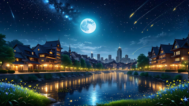 best beautiful city night landscape with fireflies big moon and shooting stars. night city landscape