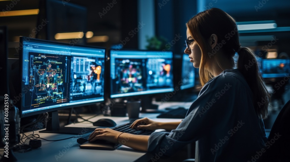Poster A focused office worker, a beautiful woman Programmer, a cybersecurity engineer, a hacker working at a computer in a modern office.