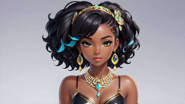 cartoon virtual anime avatar of a black young woman with hair and jewels. portrait of a woman