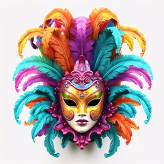 Gold carnival mask with colorful rainbow decorations, feathers on white isolated background. Carnival outfits, masks and decorations.