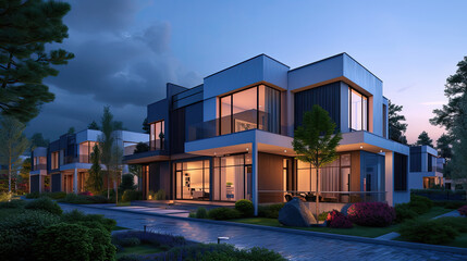 a row of townhouses at dusk. residential home in a modern development. modern building
