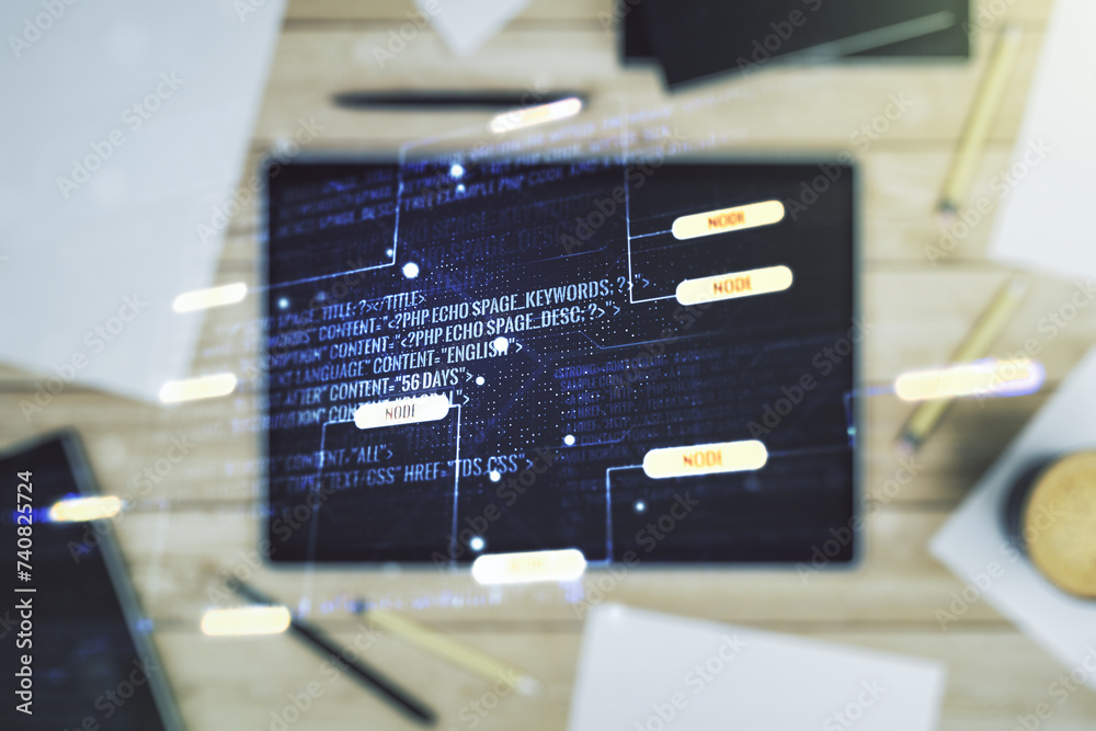 Aufkleber multi exposure of abstract software development hologram and digital tablet on background, top view,