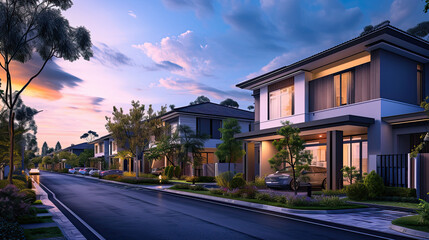 Obraz premium a row of townhouses at dusk. residential home in a modern development. modern building