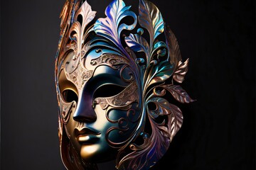 Side view of metal mask with decorations, black background. Carnival outfits, masks and decorations.